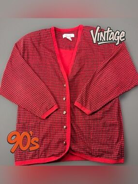 Vintage 90s Cambridge SportsClub Cardigan M Red Black Houndstooth Shoulder Pads